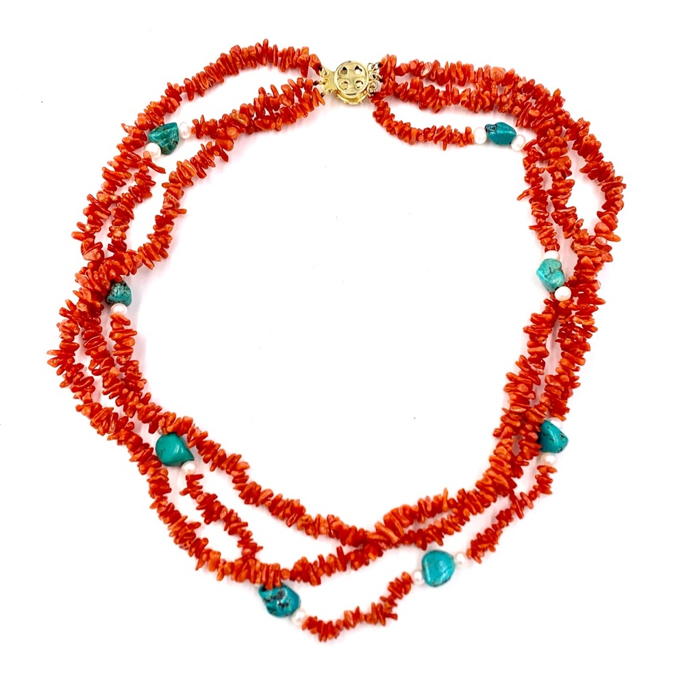 Genuine Red Branch Coral Turquoise & Peals Triple Strand Necklace - Picture 3 of 7